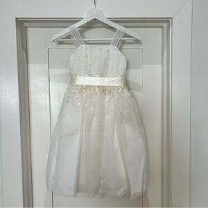 White and Ivory Flower Girl Dress with Sequins Tulle and Satin Sash 4 NWT